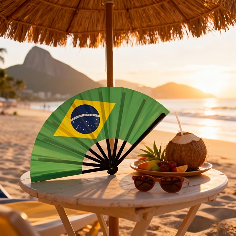 1pc/3pcs/5pcs Black Shaft Plastic Single-Sided Brazilian Flag Pattern Plastic Folding Fan, Suitable for Gifting, Commemorative Gifts, Home Decor