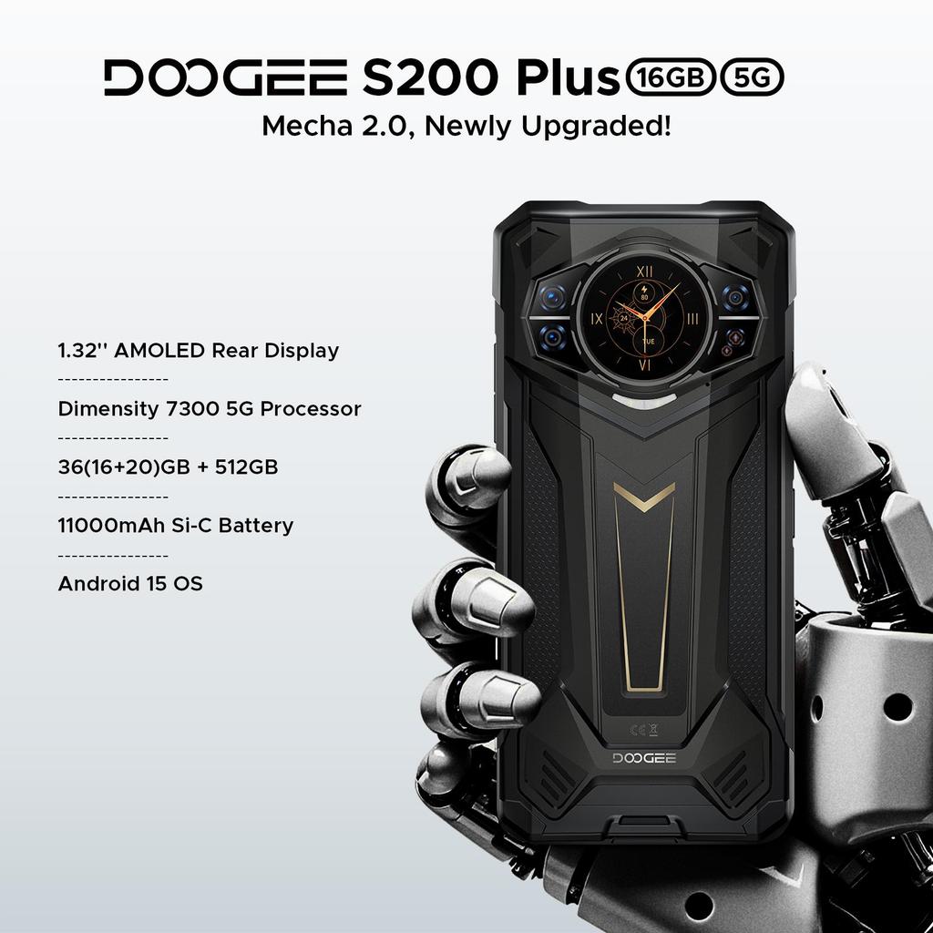 Doogee S200 Plus Rugged Smartphone 5G, (16GB+20GB)+512GB with 1.32" Dynamic Rear Screen, 10100mAh, 100MP+20MP, 6.72", 120Hz, NFC, Gemini AI