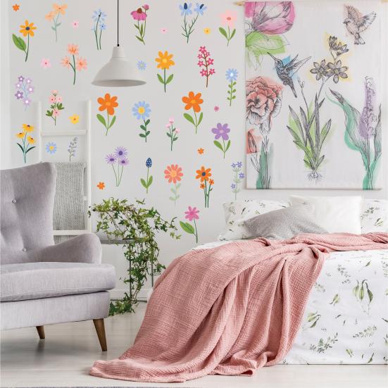 8 Sheets Flowers Wall Decals Watercolor Spring Floral Wall Sticker Colorful Peel And Stick Mural Wall Art for Home Bathroom Kitchen Decor