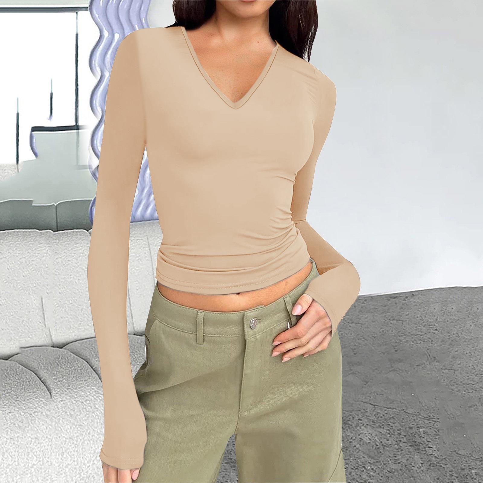 

Осенне-зимняя женская футболка с V-образным вырезом и длинными рукавами, универсальная, облегающая XXXL телесный