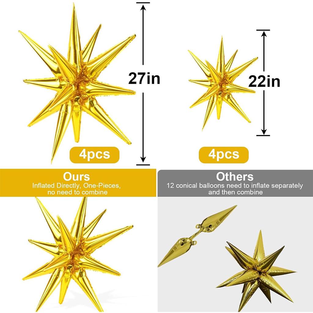 8 Pcs Star Balloons, Huge Gold Explosion Star Aluminum Foil Balloons for Birthday, Baby Shower, Wedding, Bachelorette Party