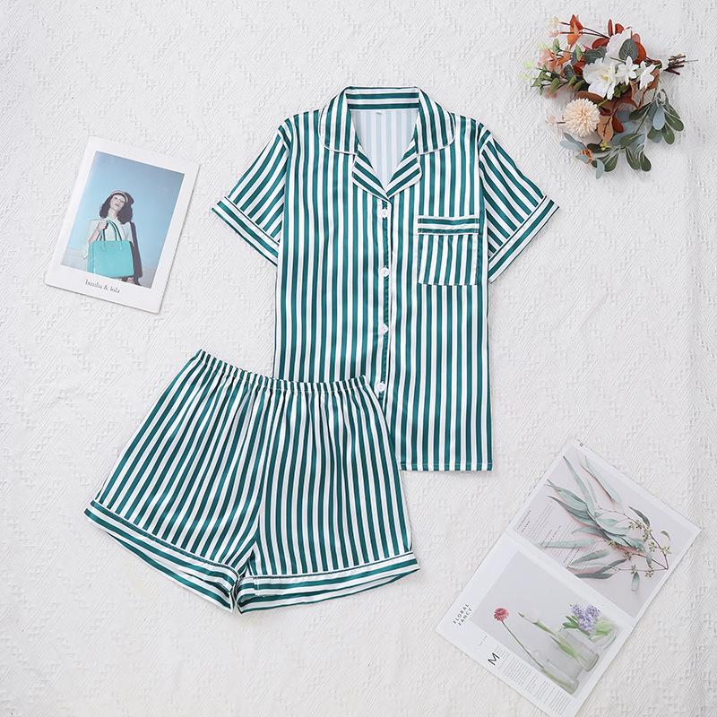 Women's Pinstripe Satin Pajama Set: Short Sleeve Cardigan & Elastic Waistband Shorts