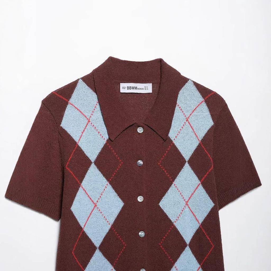 Spring 2025 Women's European & American Fashion Diamond Pattern Knit Top