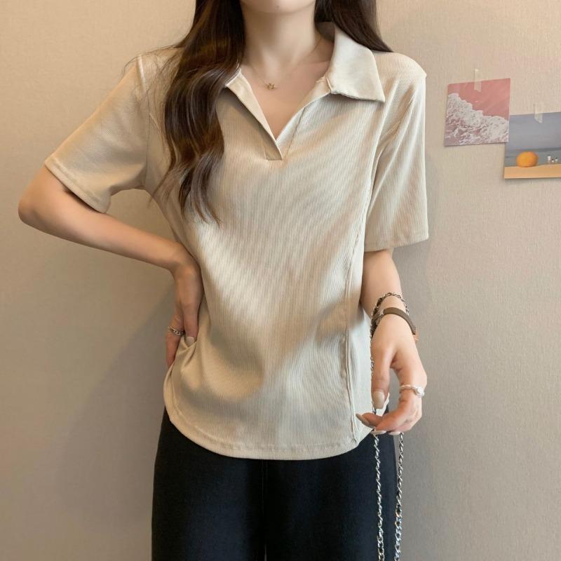 Women's White Ribbed Polo Shirt Short-Sleeve Slim-Fit Casual V-Neck Daily Top