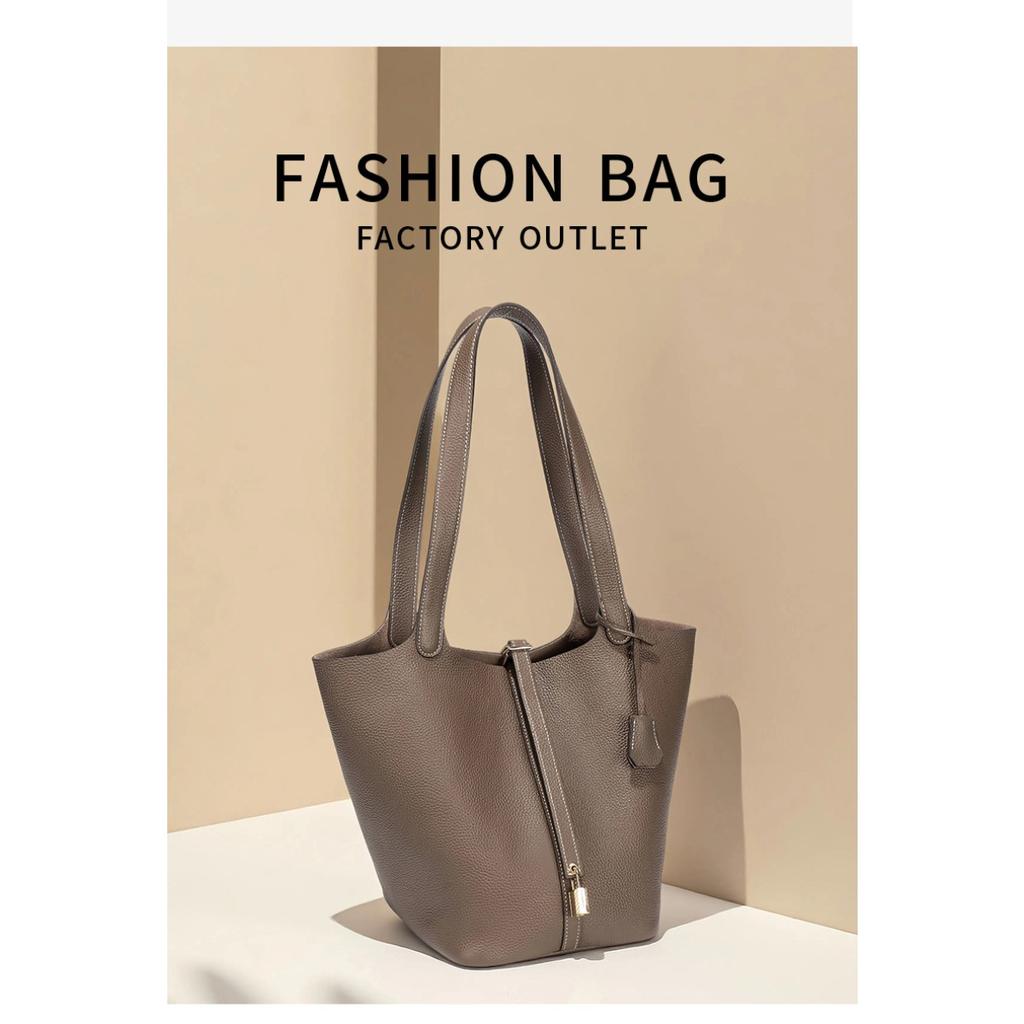 Large High-quality Leather Shoulder Vegetable Basket Bag, First-layer Cowhide, High-end Exquisite Portable Bucket Bag, Women's Bag.