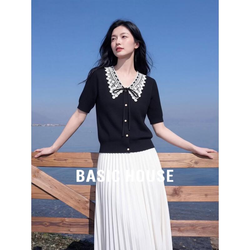 Basic House Women s Lace Trim Short-Sleeve Knit Cardigan XL чёрный