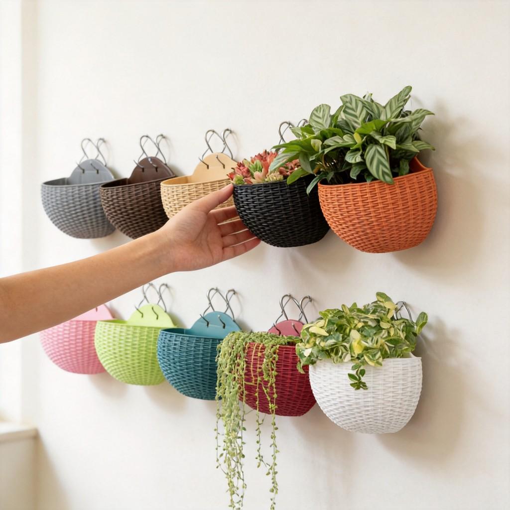 Wall Mount Planter With Rattan Style Wicker Design For Indoor Garden Decor