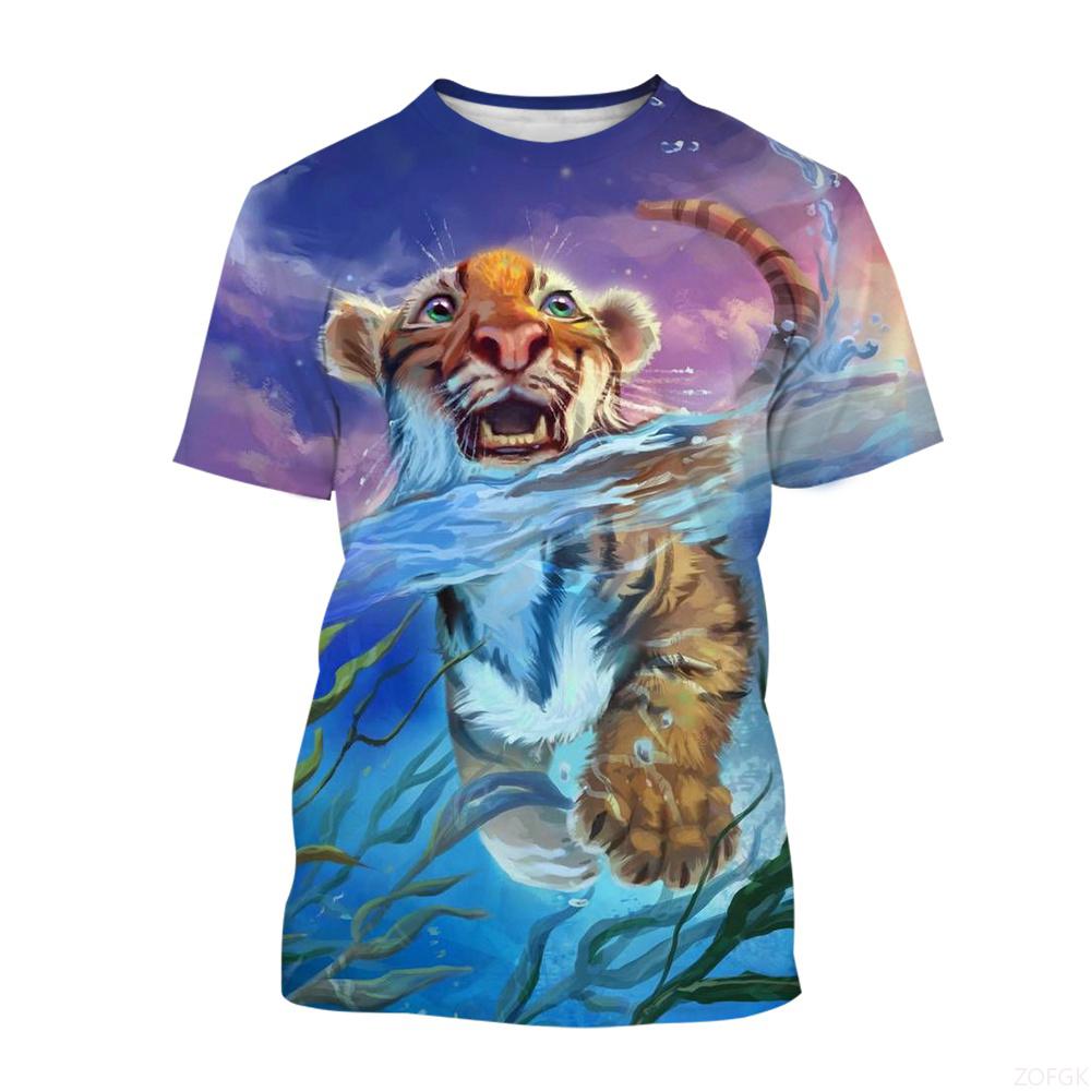 Men's T-Shirt Cute Tiger 3D Print Fashion Cartoon Pattern Short Sleeve O-Neck Pullover Top Leisure Loose Comfortable Clothing
