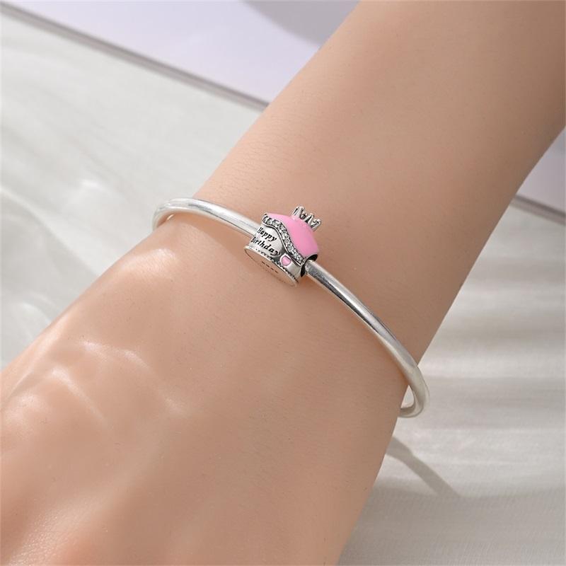 Original Charms Copper Pink Happy Birthday Crown Cake Bead For Woman Jewelry Birthday Gift For Bracelet Accessories