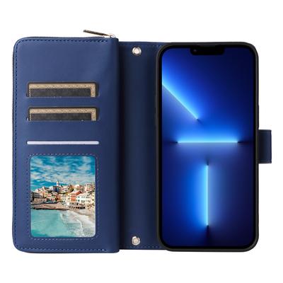 R20 For iPhone 13 Pro Case Zipper Pocket PU Leather Cover with 9 Card Slots