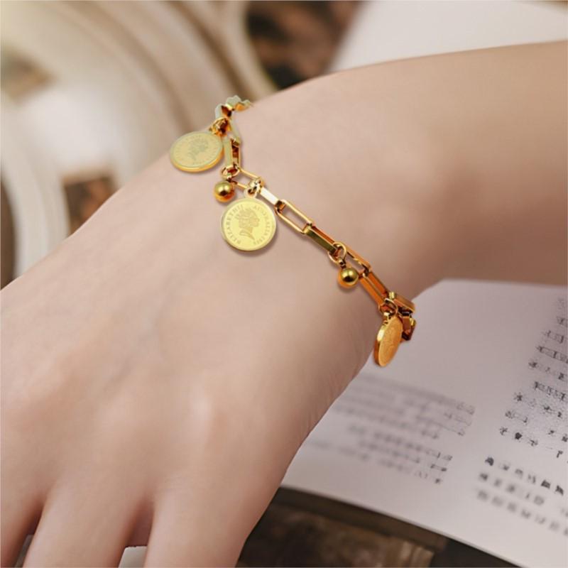 316L Stainless Steel Round Pendant Bracelet for Women Golden-Tone Adjustable Chain Link Bracelet Party Jewelry Gifts