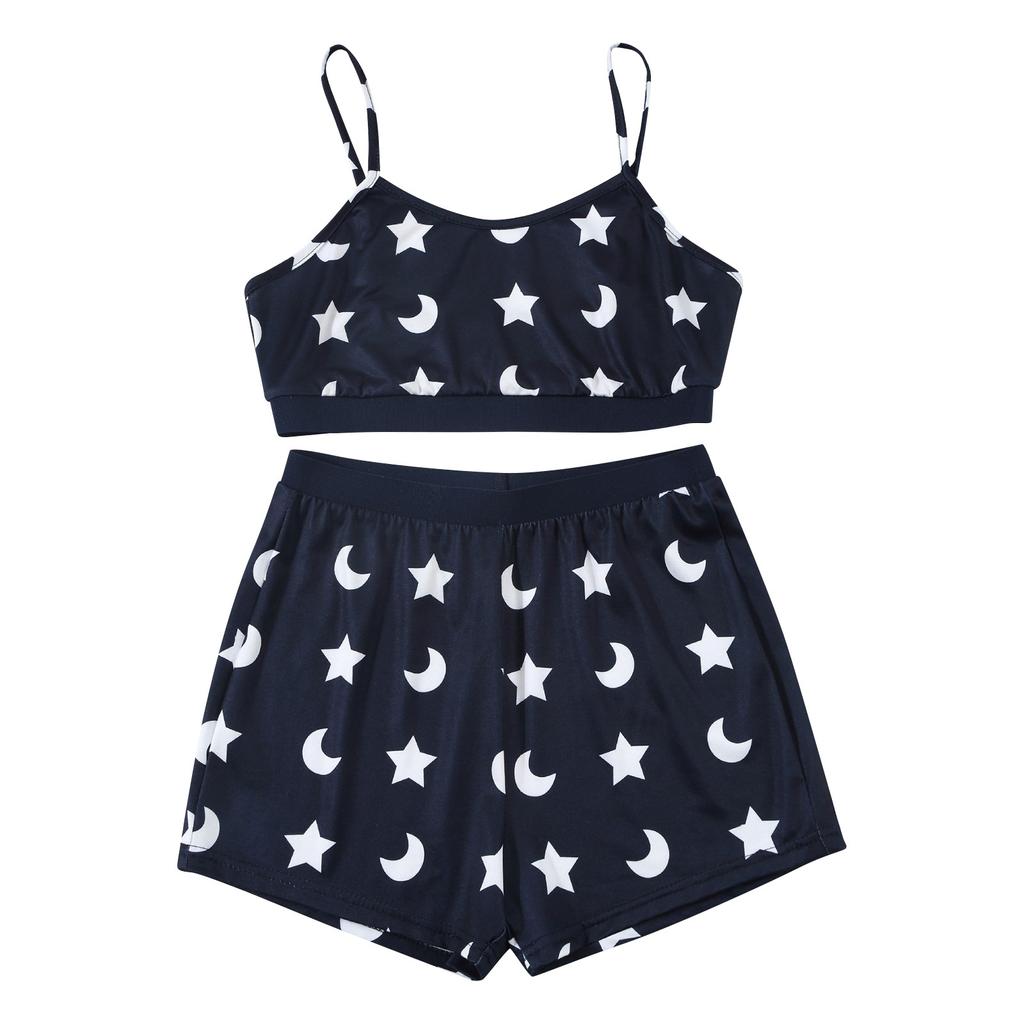 Women's Sexy Slim Printed Suspender Split Boxer Shorts Cool Pajamas Sexy Navel Exposed Suit (Two Piece)