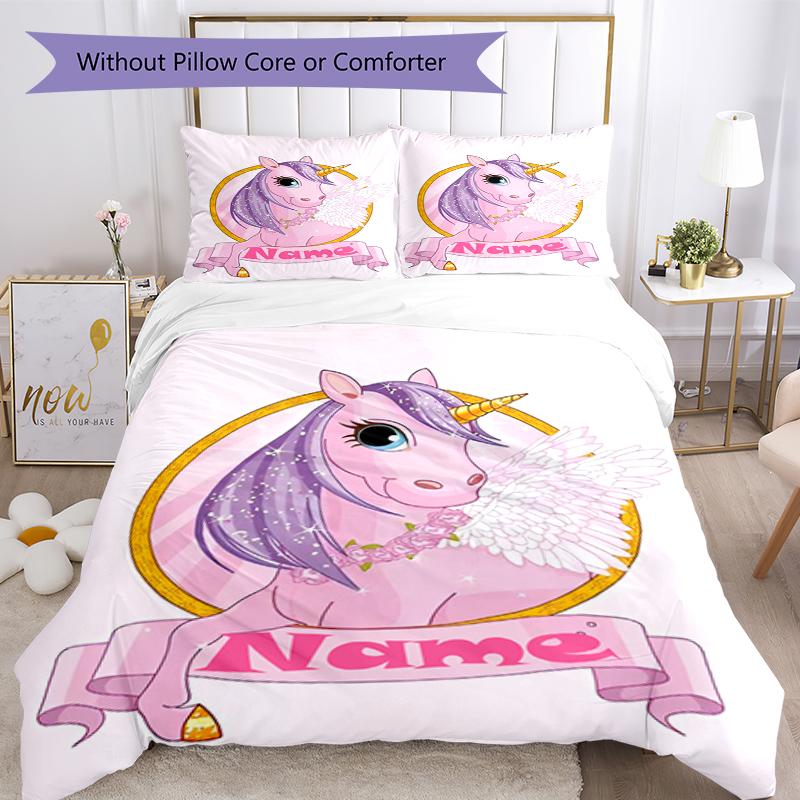 3pcs Custom Name Unicorn Bedding Set Duvet Cover Closure Includes 1 Duvet Cover & 2 Pillowcases, Soft and Comfortable for All Seasons.