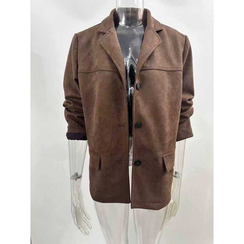 

Мода Новое поступление Осень и Зима Пекановый цвет Замша Ретро Свободное Пальто с отложным воротником Ретро Свободная Куртка Hickory L