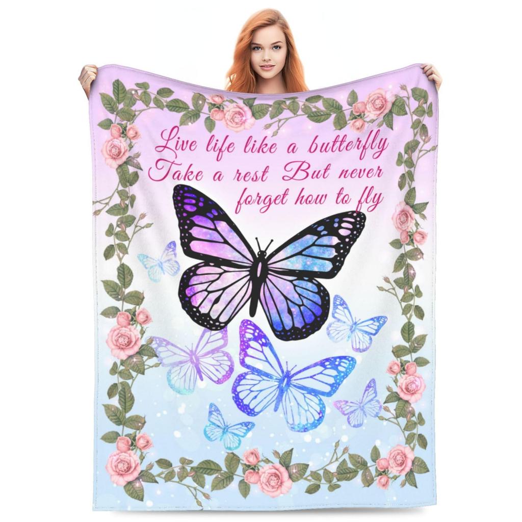 Cartoon Butterfly Pattern Throw Flannel Blanket Chic Super Soft Warm Plush Blanket for Bedroom Couch Sofa Decoration