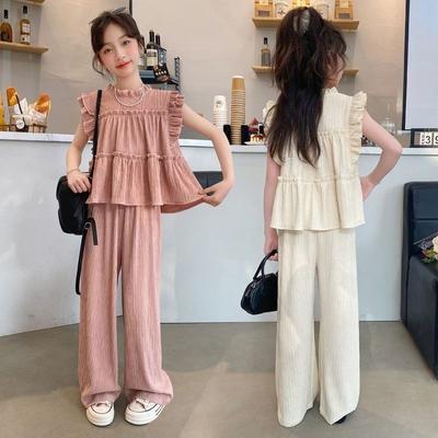 Girls Clothes Summer Kids Fashion Flouncing Tops & Pants Two Piece Set Children Sleeveless Suit Teenager Girl Outfits