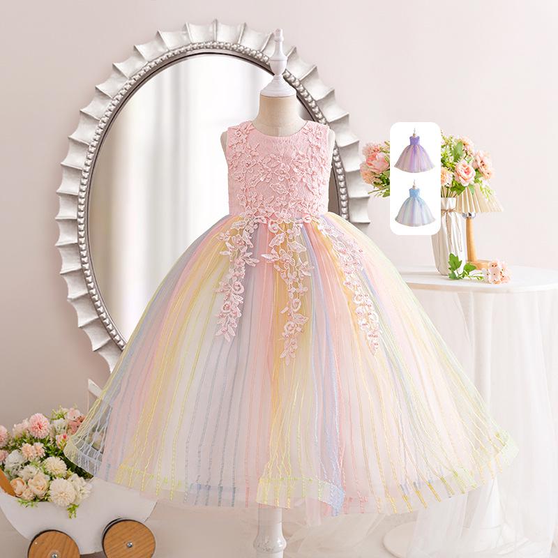 Regnbågsnät Ärmlös Födelsedagsprinsessklänning för Flickor med Pärlor