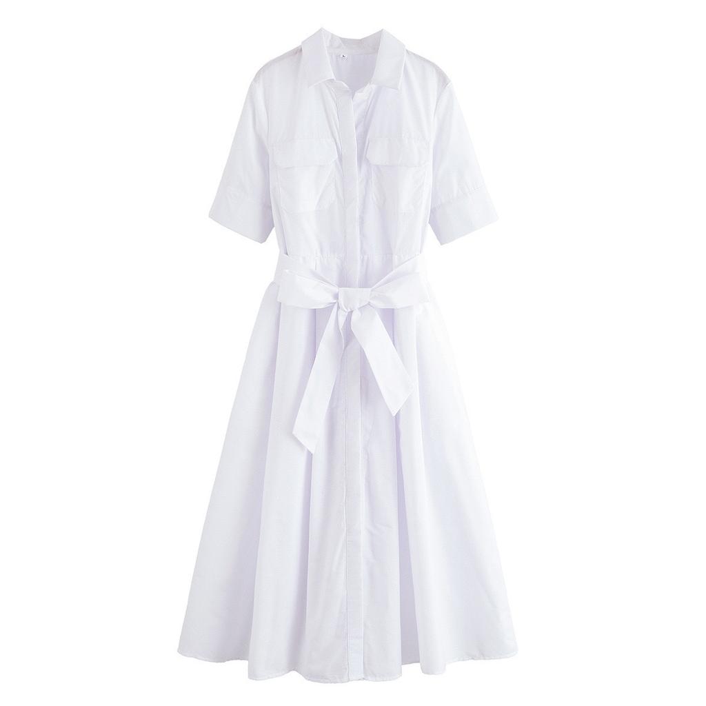 Casual Striped Women Dress Lapel Single Breasted Short Sleeve Slim Waist Long Dresses New Lady Fashion Vacation Robe