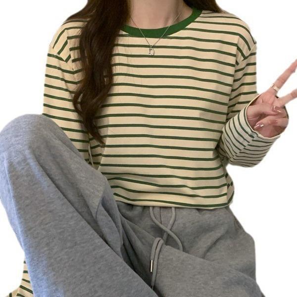 In Stock Loose Slim Versatile Black White Stripe Base Layer Thin Round Neck Long Sleeve Tee Women