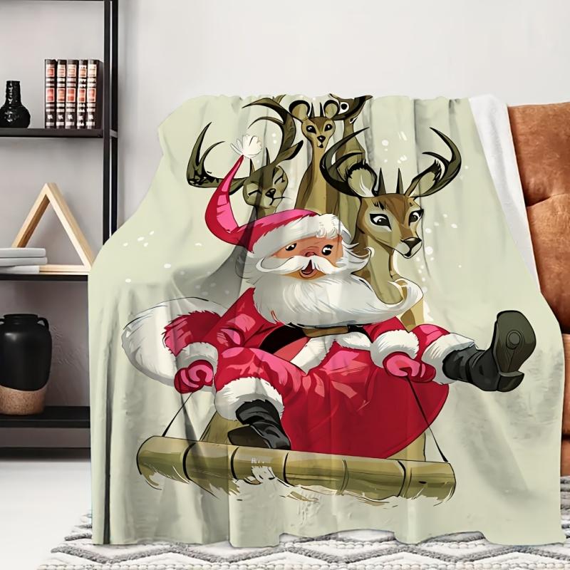 Santa Claus Reindeer Sleigh Printed Throw Blanket, Warm Cozy Lightweight Bed Couch Cover, Christmas Home Decor