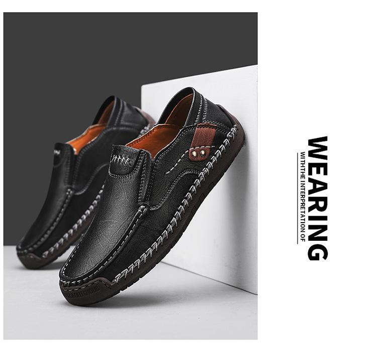 Hand-Stitched Men’s Leather Slip-On Loafers - Outdoor Casual, Low-Top, Plus Size.