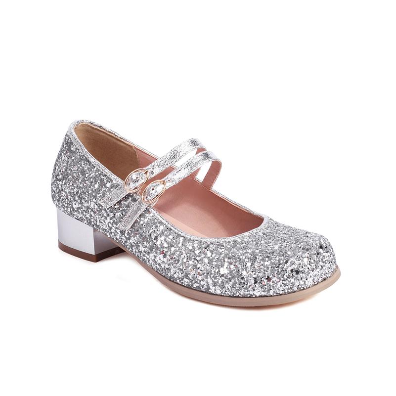 

FOREADA Женские туфли-лодочки Мэри Джейн с круглым носком, на толстом среднем каблуке, с пряжкой, туфли-перчатки, женская модная повседневная обувь, весна-осень, серебристый, красный 39 серебряный