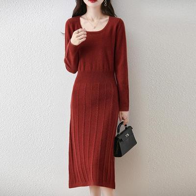 Women Sweater Dress 100% Wool O-neck Knit Long Pullover Winter Jumpers Wool Long Dress Female