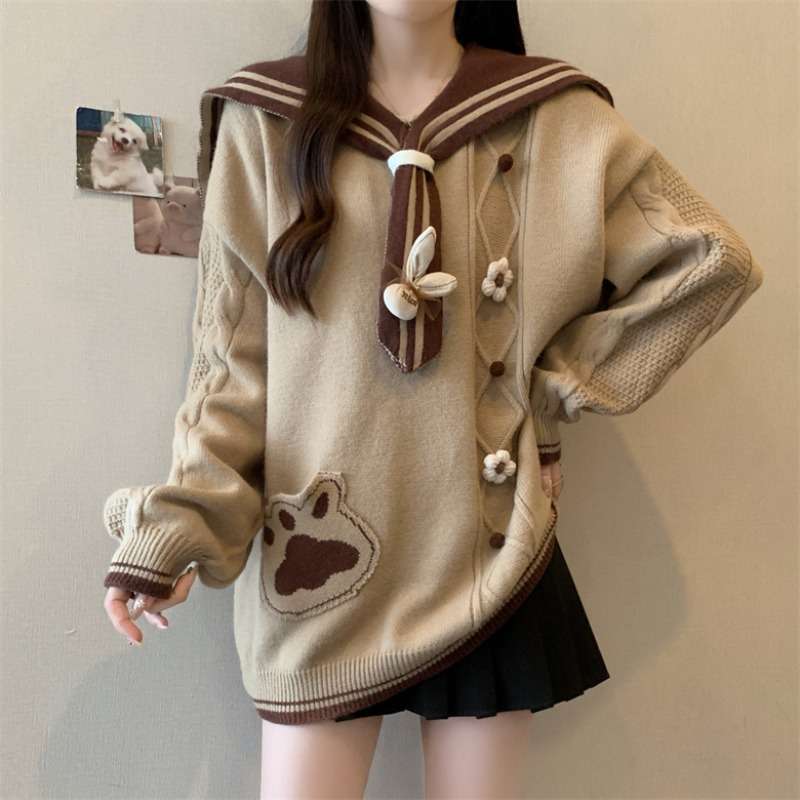 Herbst Winter Brauner Strickpullover Marinefarbener Kragen Lockere Passform Lässige Oberteile Koreanische Mode Damen Oberbekleidung