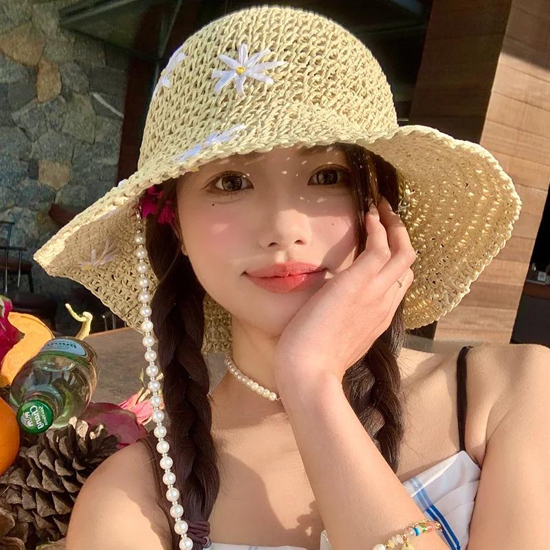 Korean Sweet Straw Flower Caps For Women Summer Travel Sunscreen Versatile Show Face Small Cute Bucket Hats With Pearl Chain