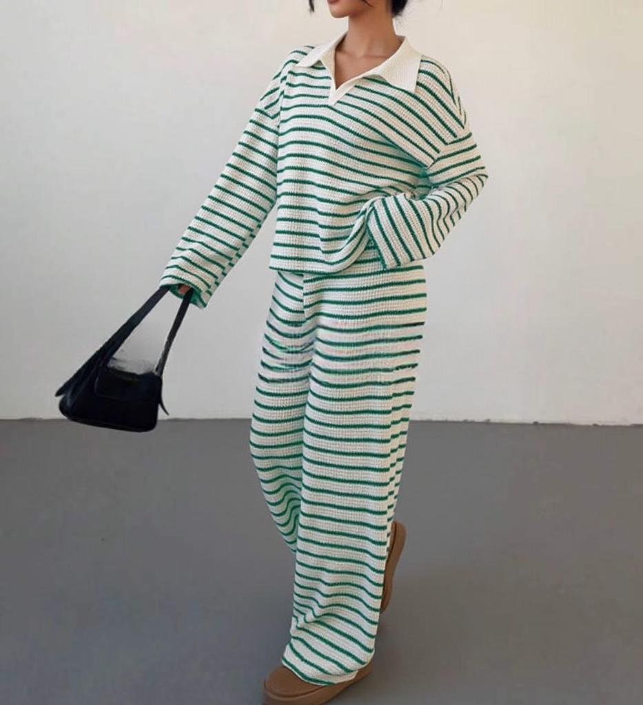 2025 Autumn Winter Striped Lapel Knit Top & Casual Trousers Set