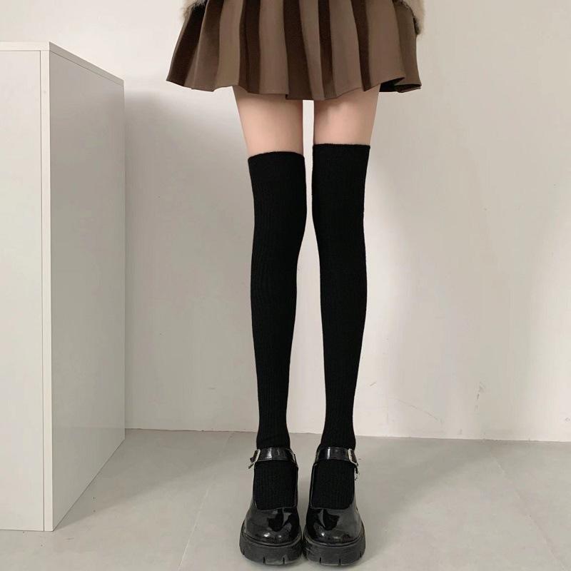 Socks Woman Autumn and Winter Thick Warm Solid Color Knee High Stockings Black White Vertical stripes Thigh High Socks for Women