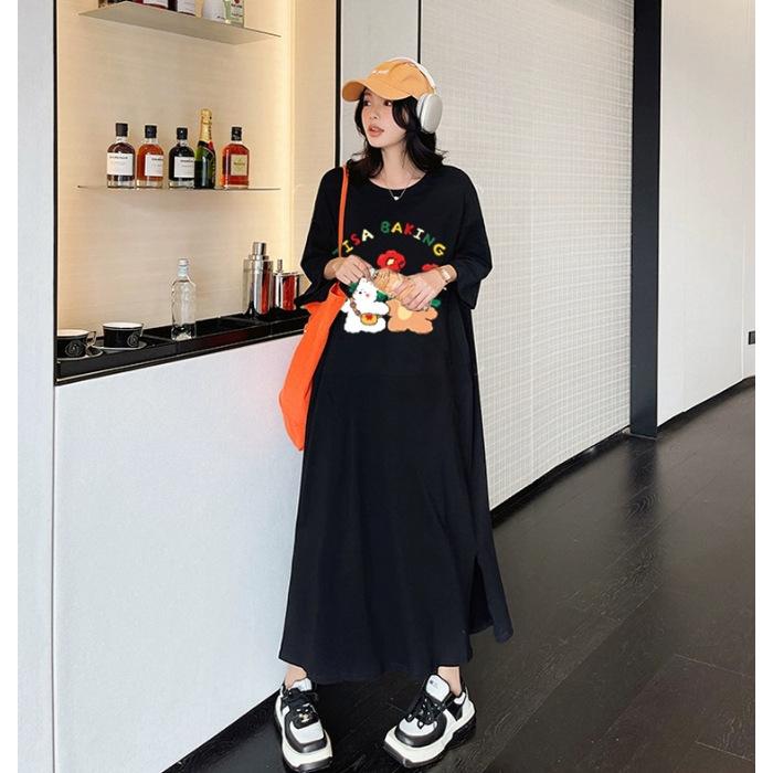 

YYFS Женская мода лето весна цветочный узор принт рукава 1/2 О-образный вырез свободная талия повседневные платья M чёрный