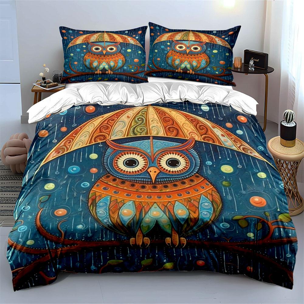 Colorful owl under umbrella. Bedding sets Duvet cover sets Duvet covers Pillowcases(1*Duvet Cover 2*Pillowcases without duvet insert)