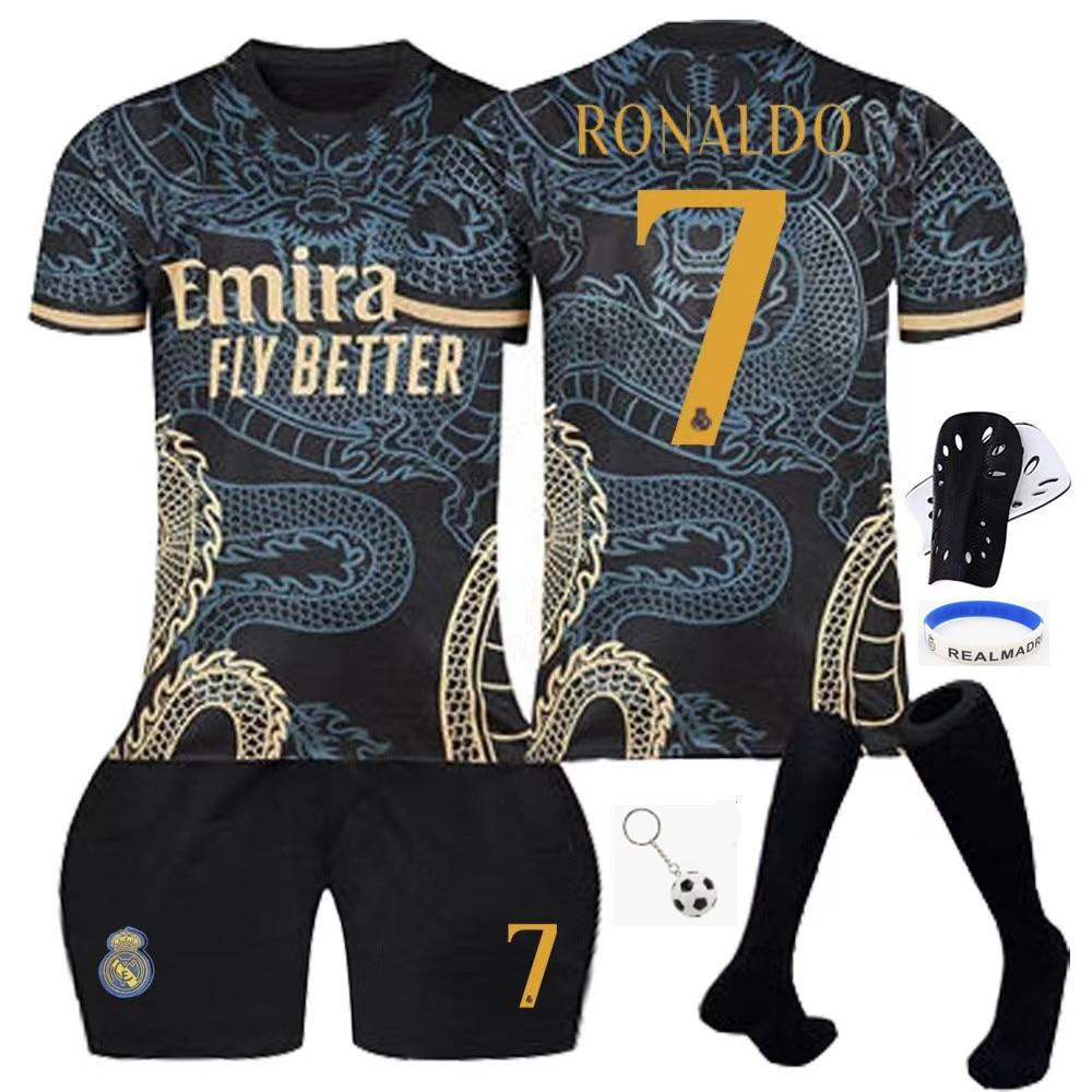 Echipament Sportiv Copii Real Madrid Nr. 7 Ronaldo Set Tricou Fotbal Negru Poliester Tineret