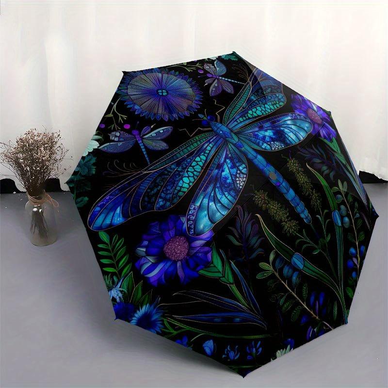 Blue Dragonfly Garden: A Vibrant Circular Art PrintUmbrella with Cute Design, Portable 3-Fold Compact Umbrella for Men & Women, Valentine's Day Mother