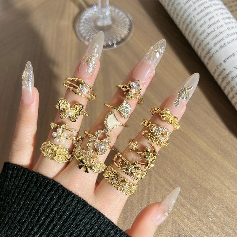 2026 Ring Female Niche Design Sense Geometric Micro-inlaid Zircon Cold Wind Versatile Retro Adjustable Texture Ring