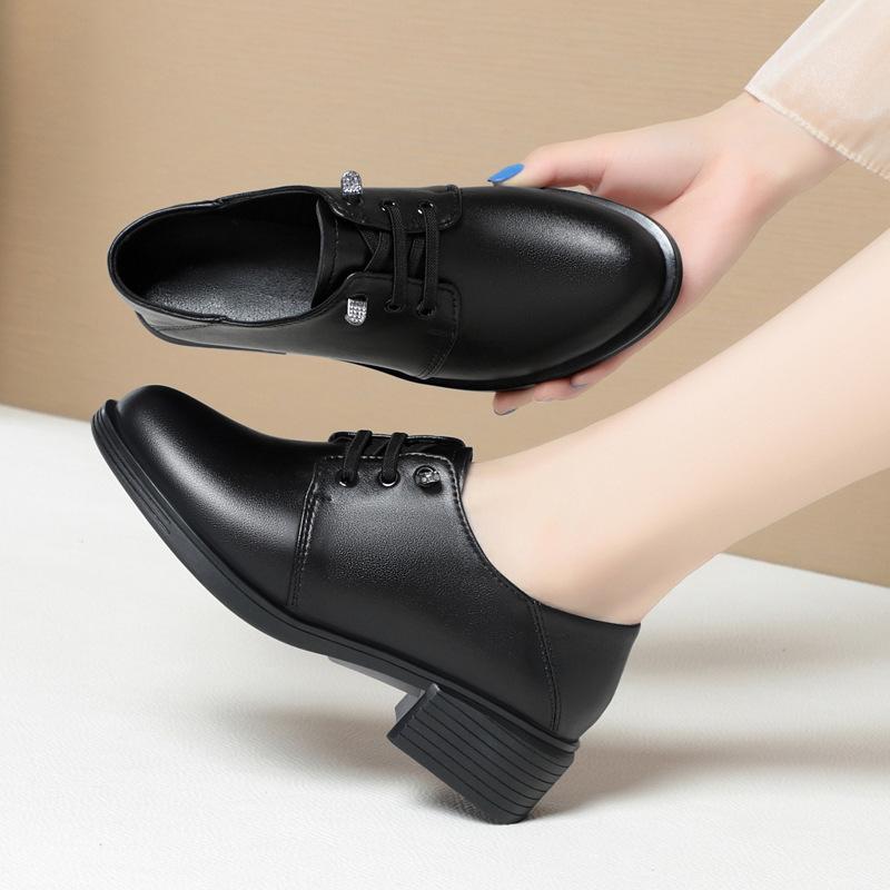 Fashion GKTINOO 2025 Spring Autumn Genuine Leather Shoes Woman Pumps British Soft Sole Plus Velvet Warm Black Shoes Mid Heels