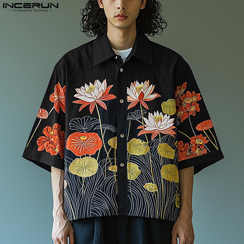 INCERUN Cămăși Topuri Bărbați Casual Largi cu Rever Mânecă Scurtă Imprimeu Floral Supradimensionate
