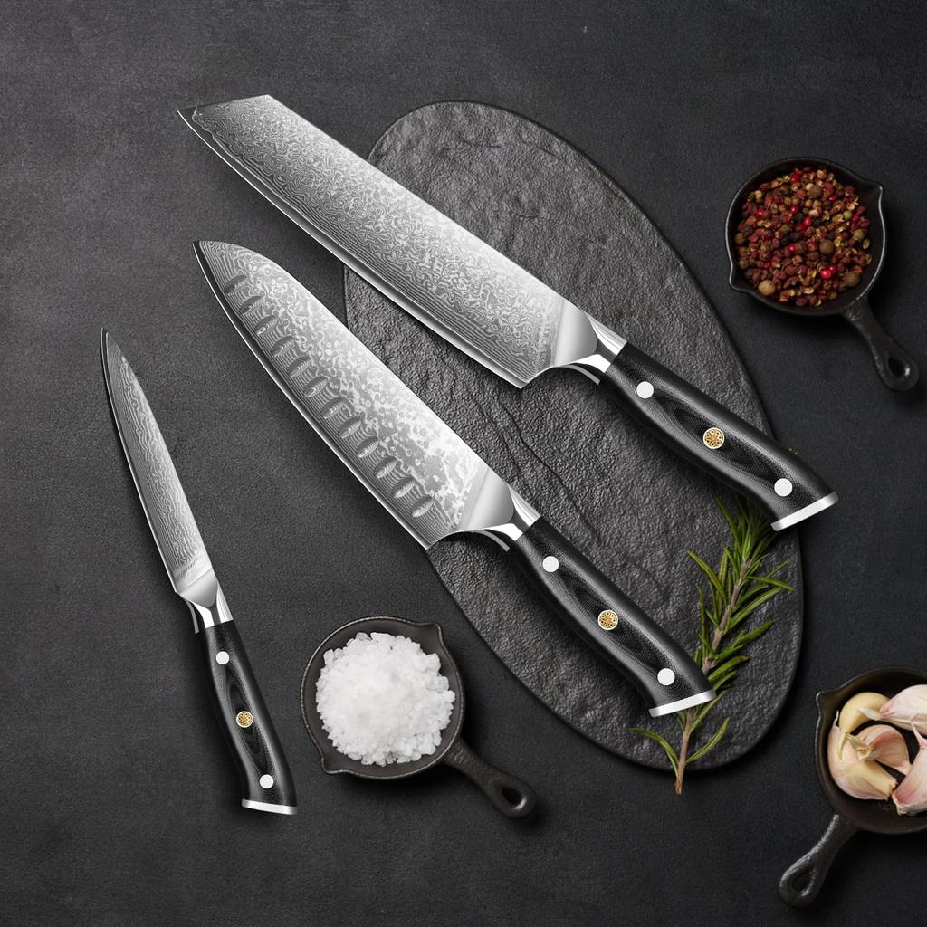 KyushuBlade Damascus Knife Set and Petty Professional Damascus Versatile Kitchen Knife with Authentic Damascus Stainless Full Tang and Black Sharpness