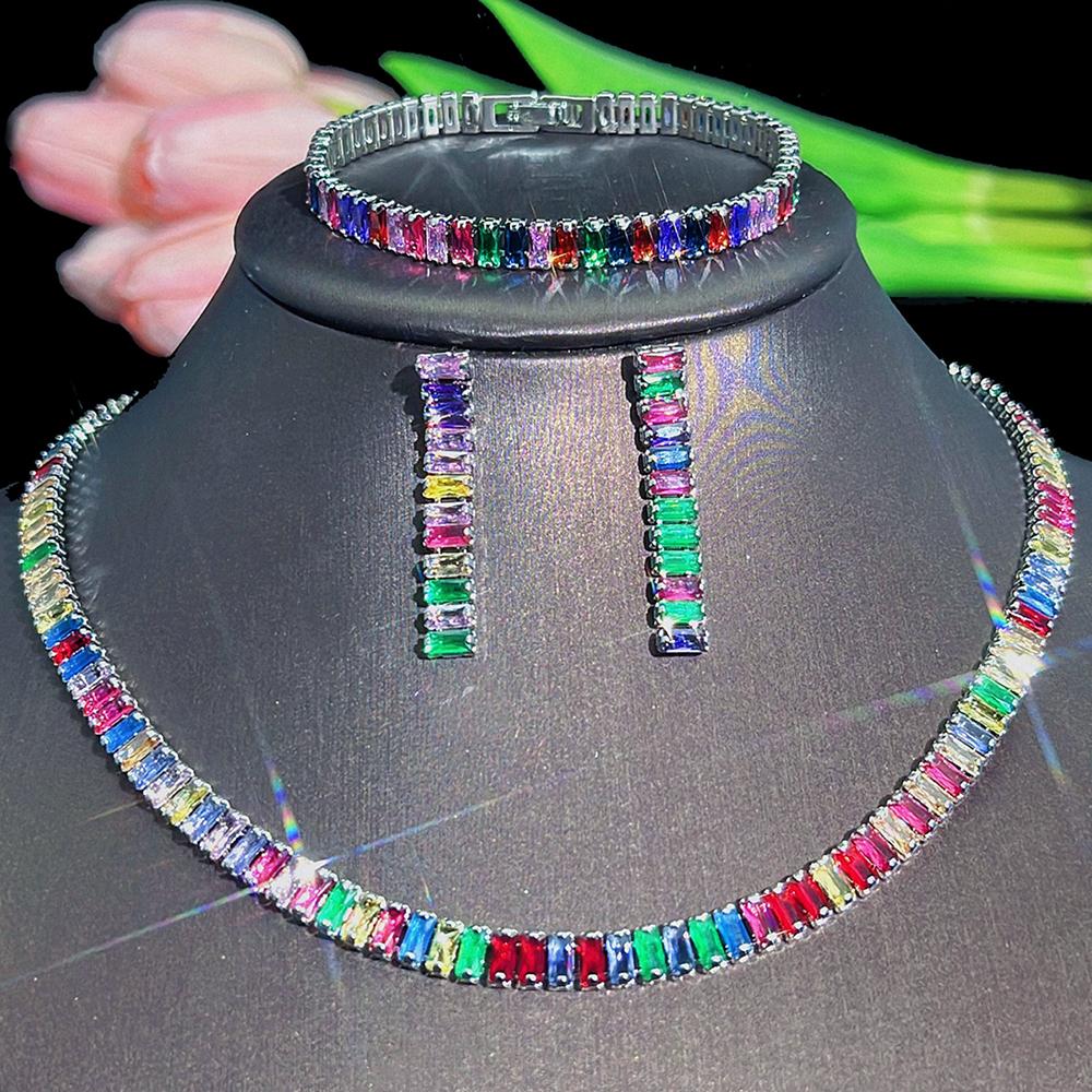 CMM, Dazzling, Multicolor, Cubic Zirconia, Rectangle Shape, White Golden Color, Chain Link Necklace