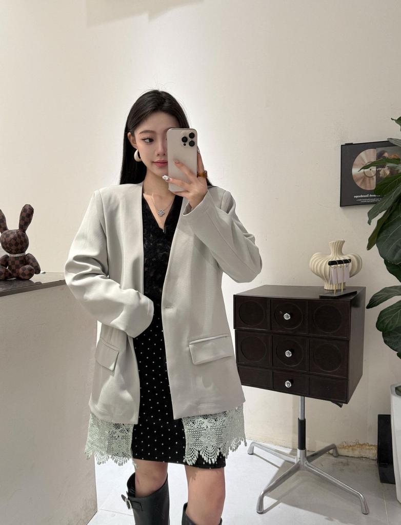 Korean V-Neck Mid-Length Patchwork Lace Suit Jacket for Women
