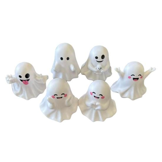 Cute PVC Halloween Ornaments 6Pcs Ghost Figurine, Pen Holder, Miniature Desk Decor, Funny Compact Holders for Pencil Stand Ornament, Creative