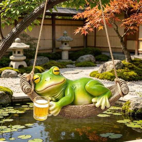 Hanging Frog Figurine, Resin Hammock Frog Ornament Holding Beer Mug, Garden Cute Frog Statue for Patio Balcony Decoration