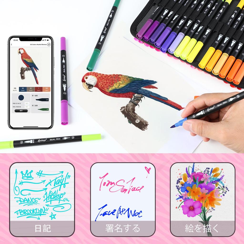 Color Pen 100 Colored Free App Thin and Watercolor Art Picture Coloring For Adults and Case Included Set, Colors, Water-Based Pens, Included, Thick,