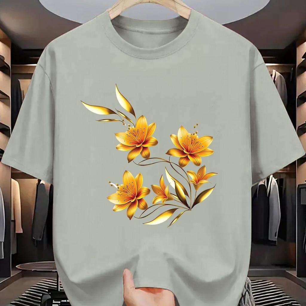 Golden Floral Print Mens Cotton Graphic Tee Casual Short Sleeve TShirt Breathable Summer Fashion