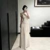 Light Luxury, Cold and Elegant French Atmosphere, Slanted Shoulder Mesh Stitching Kink Design Long Dress, Sexy Pure Desire Dress