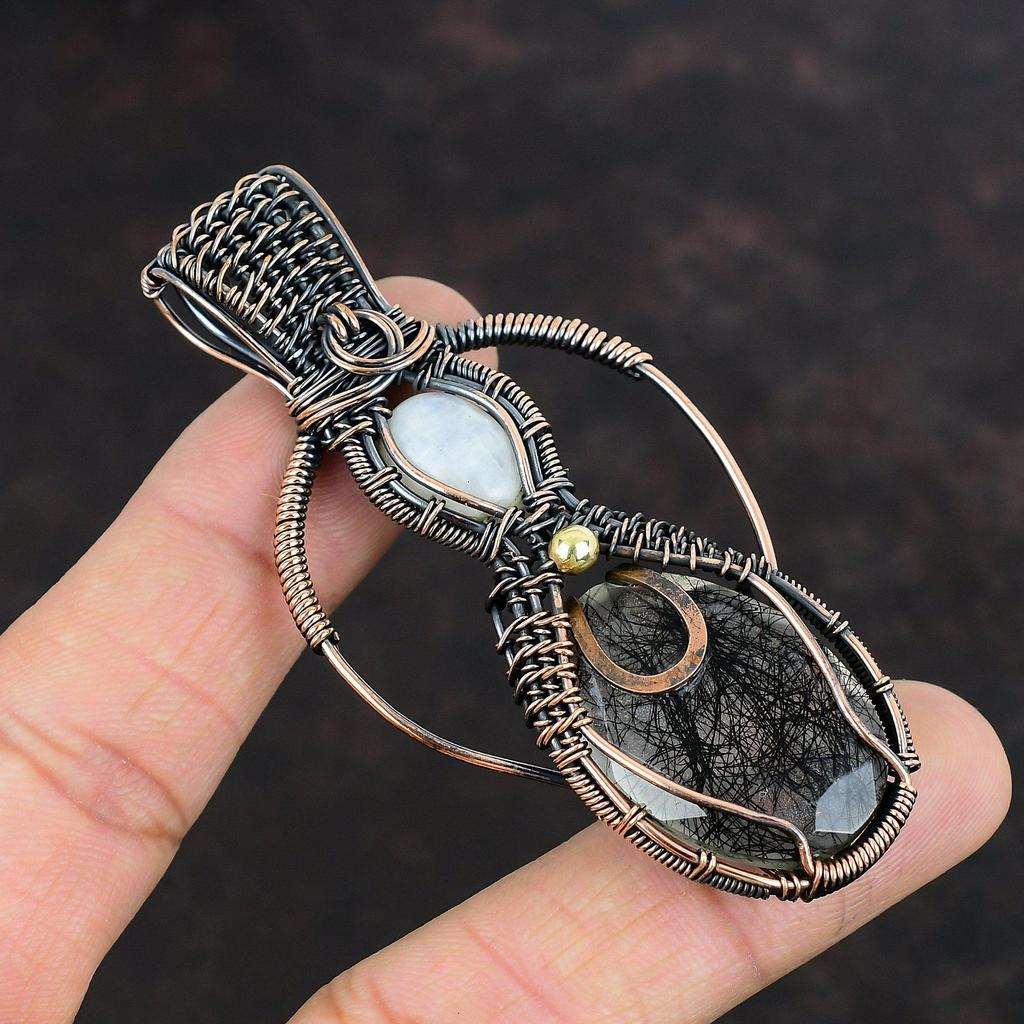 Faceted Black Rutile Gemstone Pendant Copper Wire Wrapped Pendant Rainbow Moonstone Pendant Gifts For Mother Copper Jewelry Handmade Pendant