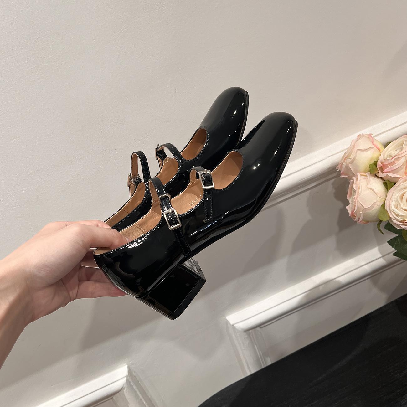 

Fashion sliver leather double belt med-high heels mary janes shoes woman square toe chunky heel pumps japanned leather JK shoes size 43 34 чёрный