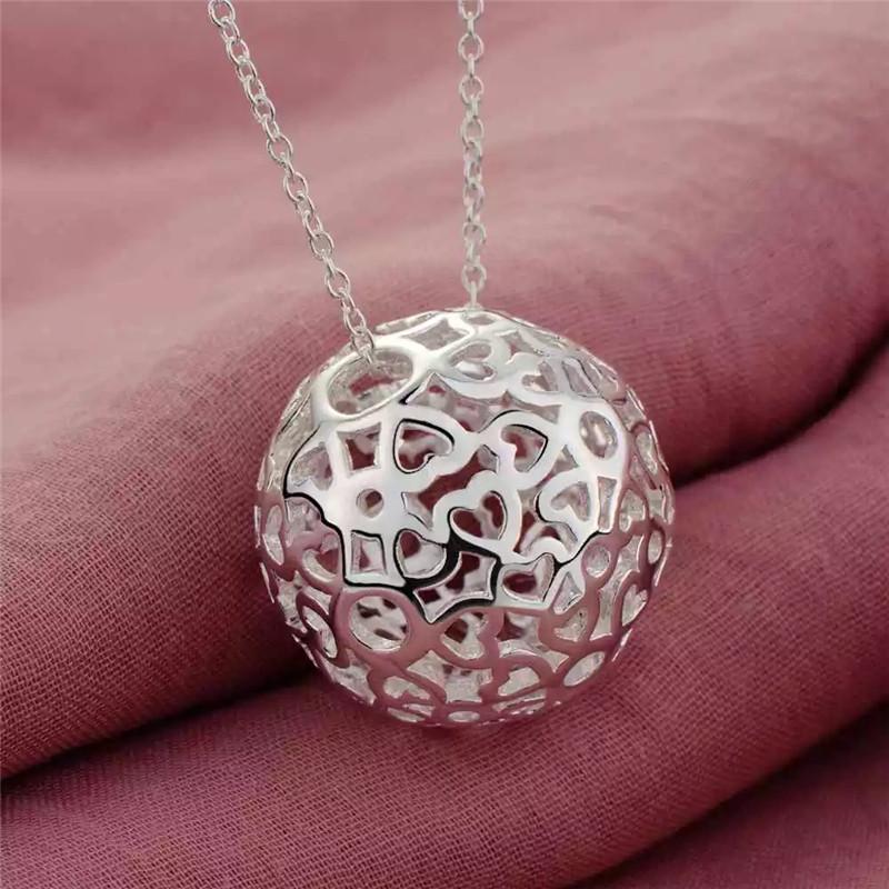 

925 Sterling Silver 18 Inch Chain Hollow Ball Love Heart Pendant Necklace For Woman Wedding Engagement Charm Jewelry 45cm 18inches