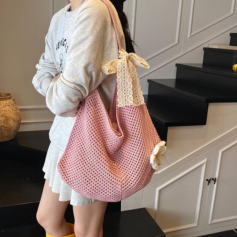 Simple Handmade Knit Shoulder Bag Bohemian Solid Color Crochet Tote Bag Large Capacity Hollow Out Woven Handbag Vacation
